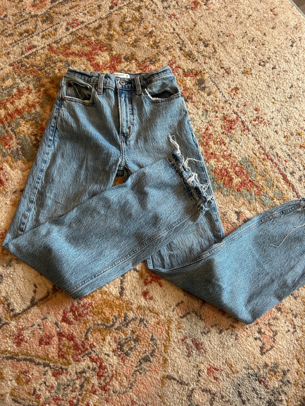 A&F The 90’s Relaxed High Rise Distressed Hem Straight Leg Jeans
